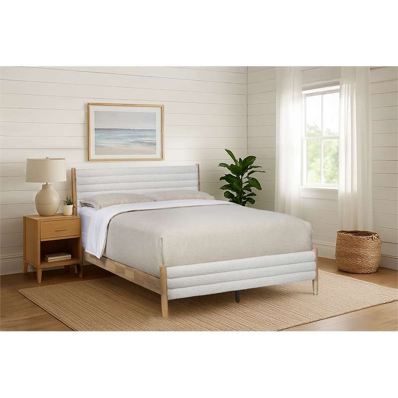 Stella - Complete Bed - Queen - Natural Finish - Beige Upholstery