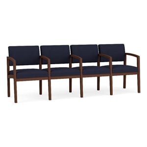 Lenox Wood Reception Waiting 4-Seat Tandem Seating / Walnut Wood / Navy Blue