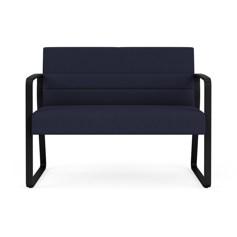 Waterfall Reception Waiting Room Sled Base Loveseat / Black Steel / Navy Blue
