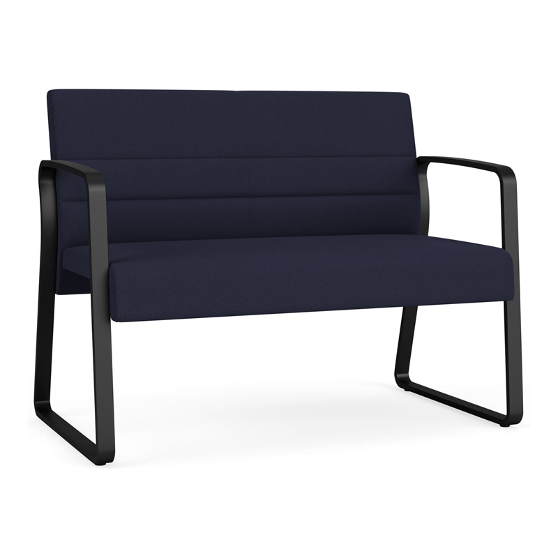 Waterfall Reception Waiting Room Sled Base Loveseat / Black Steel / Navy Blue