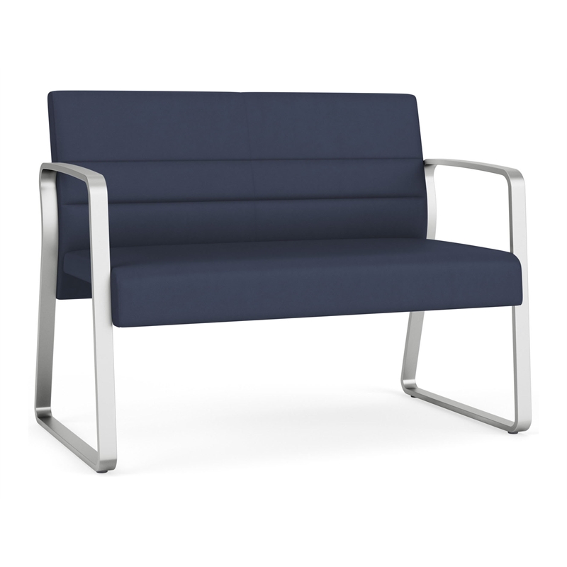 Waterfall Reception Waiting Room Sled Base Loveseat / Silver Steel / Blue