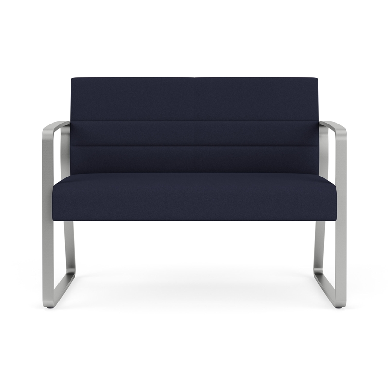 Waterfall Reception Waiting Room Sled Base Loveseat / Silver Steel / Navy Blue