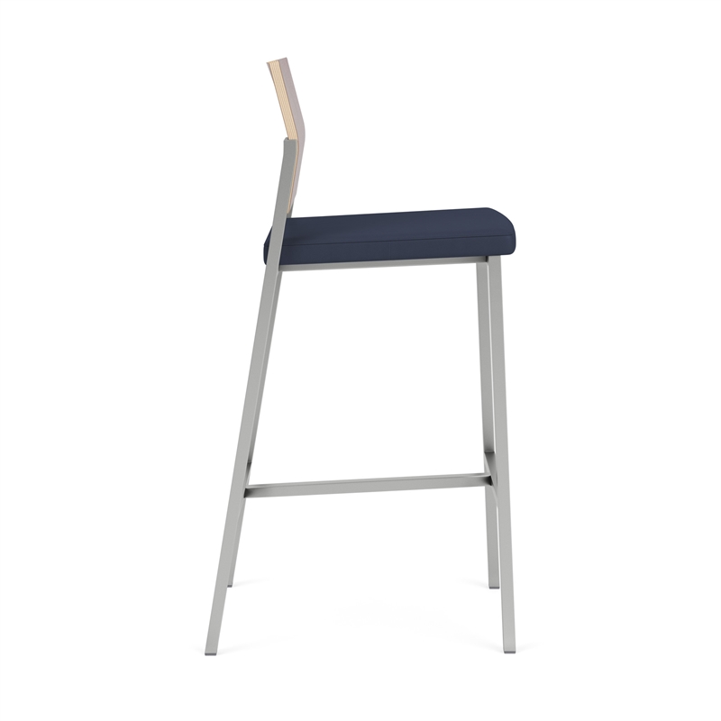 Avon Reception Cafe Stool UPH Seat HPL Back / Silver Steel / Mahogany / Blue