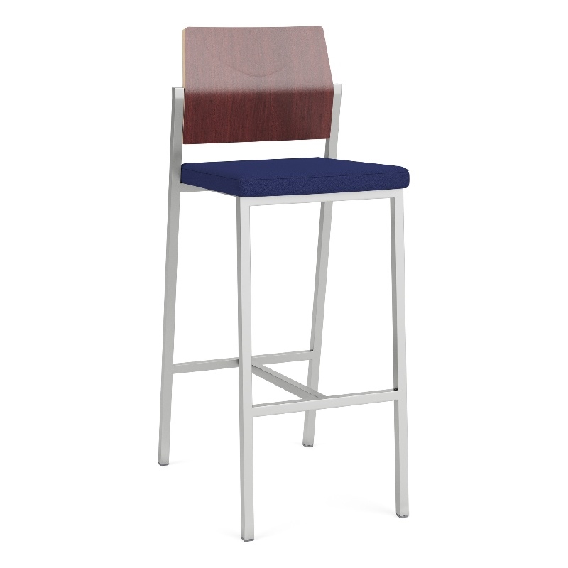 Avon Reception Cafe Stool UPH Seat HPL Back / Silver Steel / Mahogany / Blue
