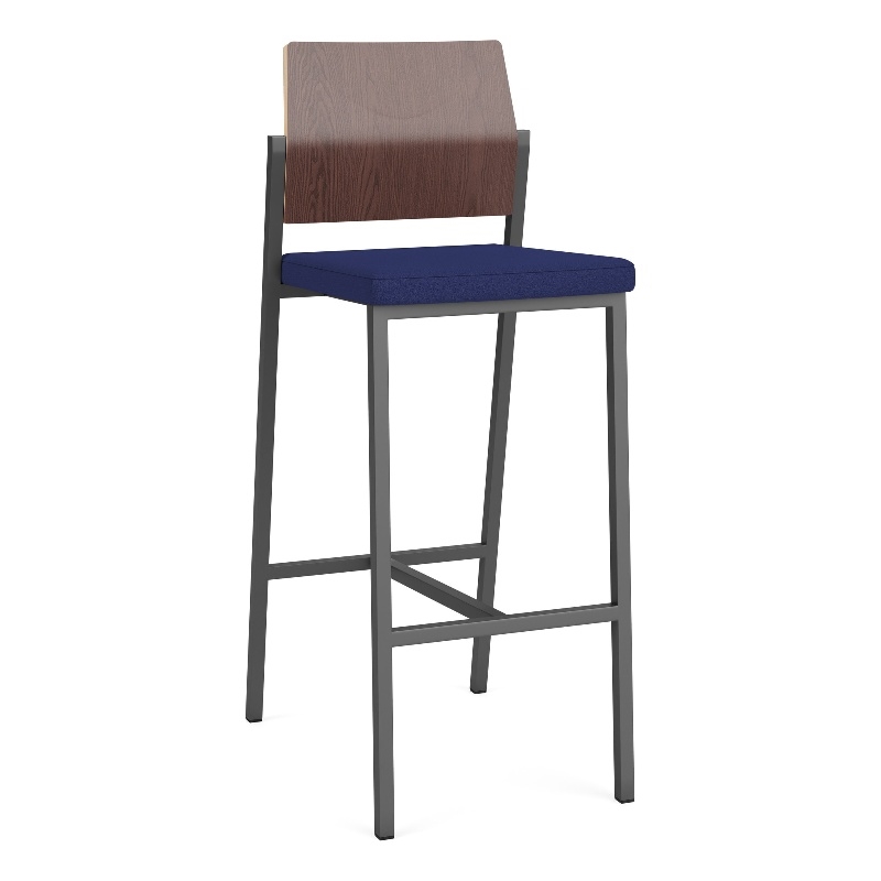 Avon Reception Cafe Stool UPH Seat HPL Back / Charcoal Steel / Walnut / Blue