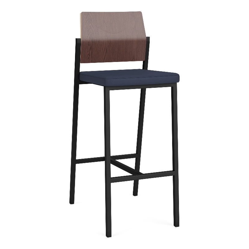 Avon Reception Cafe Stool UPH Seat HPL Back / Black Steel / Walnut / Blue