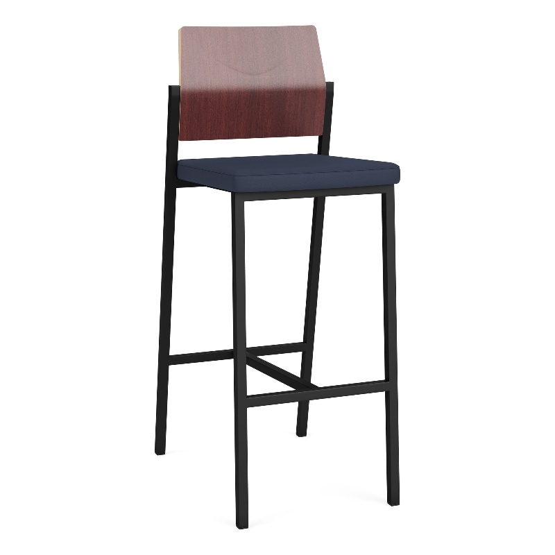 Avon Reception Cafe Stool UPH Seat HPL Back / Black Steel / Mahogany / Blue