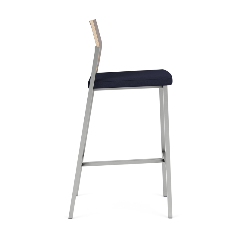 Avon Reception Cafe Stool UPH Seat HPL Back / Silver Steel / Walnut / Navy Blue
