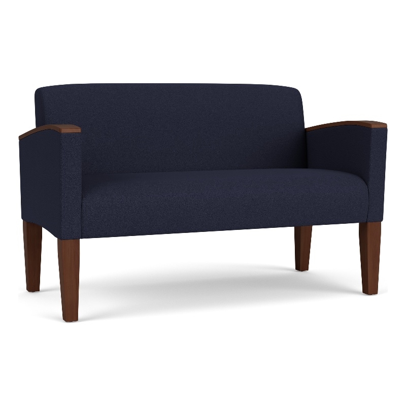 Belmont Lounge Lobby Reception Waiting Loveseat / Walnut Wood Legs / Navy Blue
