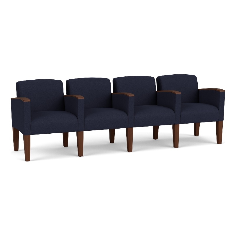 Belmont Lounge Reception 4 Seat Tandem Seating / Walnut Wood Legs / Navy Blue