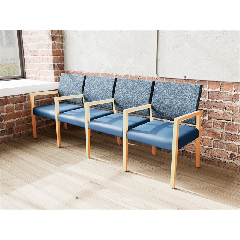 Lesro Brooklyn Waiting Reception 4 Seat Tandem Seating Wood Frame in Blue