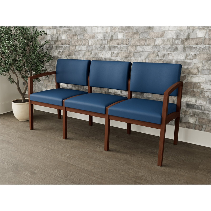 Lesro Industries Wood Waiting Reception 3 Seat Sofa Wood Frame in Blue