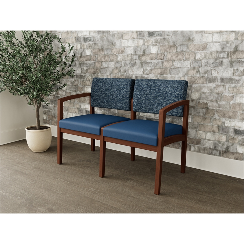 Lesro Industries Wood Waiting Reception 2 Seat Sofa Wood Frame in Blue