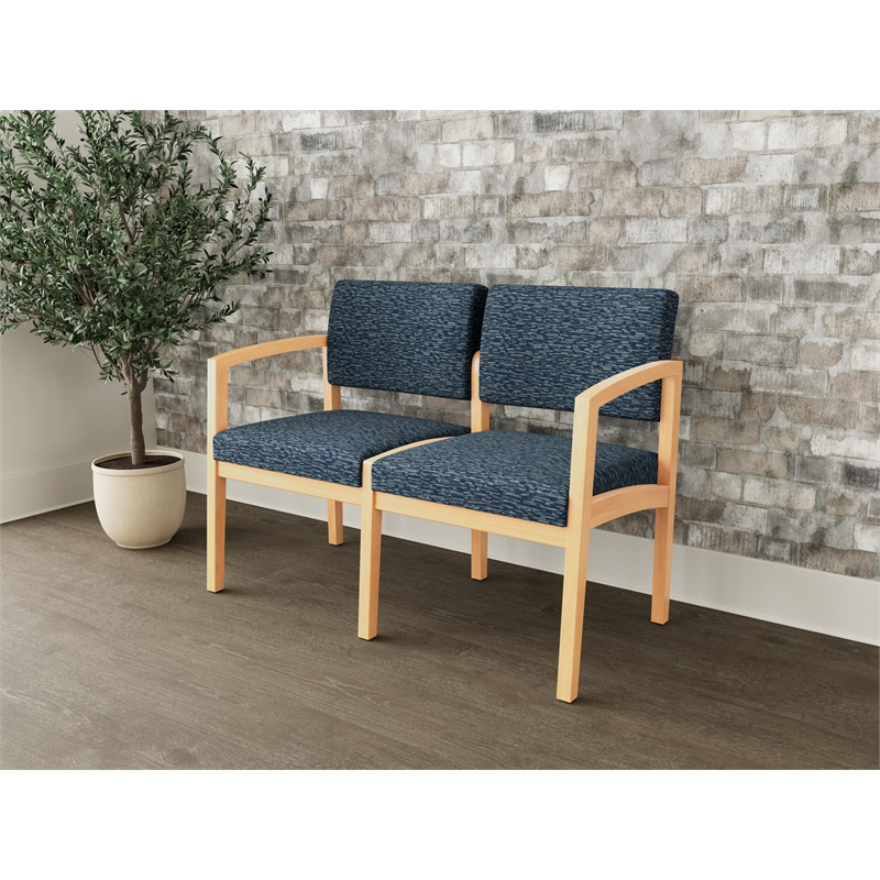Lesro Industries Wood Waiting Reception 2 Seat Sofa Wood Frame in Blue