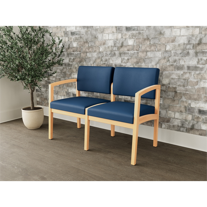 Lesro Industries Wood Waiting Reception 2 Seat Sofa Wood Frame in Blue