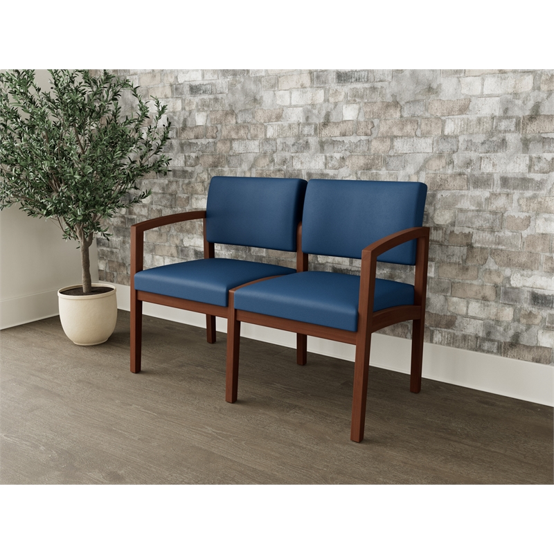 Lesro Industries Wood Waiting Reception 2 Seat Sofa Wood Frame in Blue