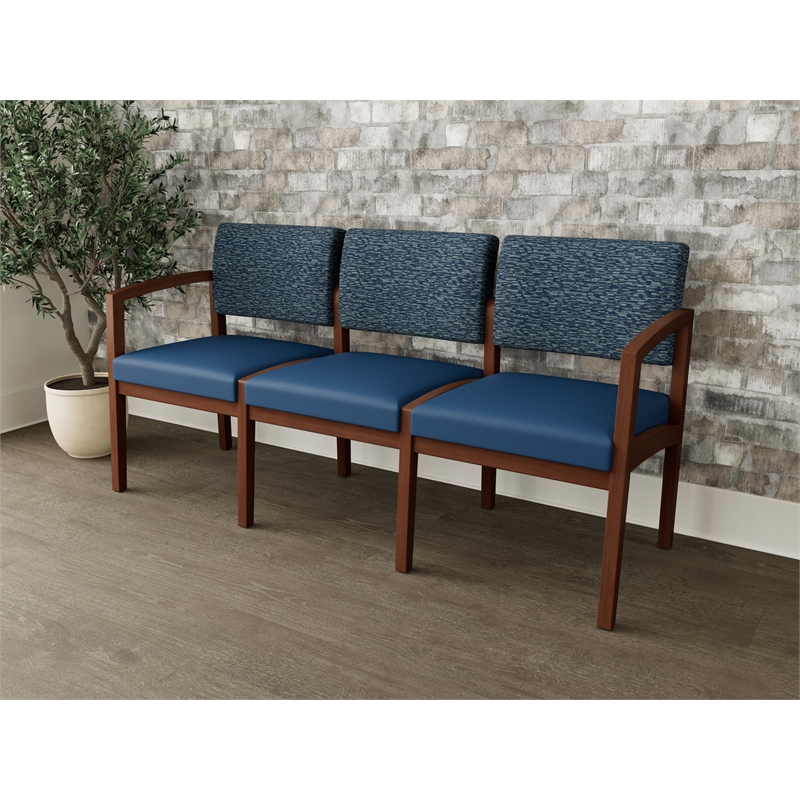 Lesro Industries Wood Waiting Reception 3 Seat Sofa Wood Frame in Blue