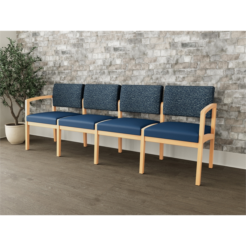 Lesro Industries Wood Waiting Reception 4 Seat Sofa Wood Frame in Blue