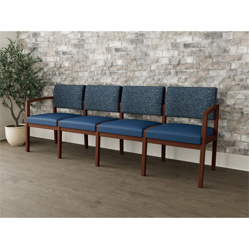 Lesro Industries Wood Waiting Reception 4 Seat Sofa Wood Frame in Blue
