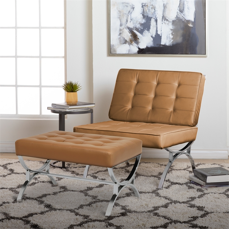 Studio Designs Home Newel Ottoman Blended Leather / Chrome Metal Frame / Caramel