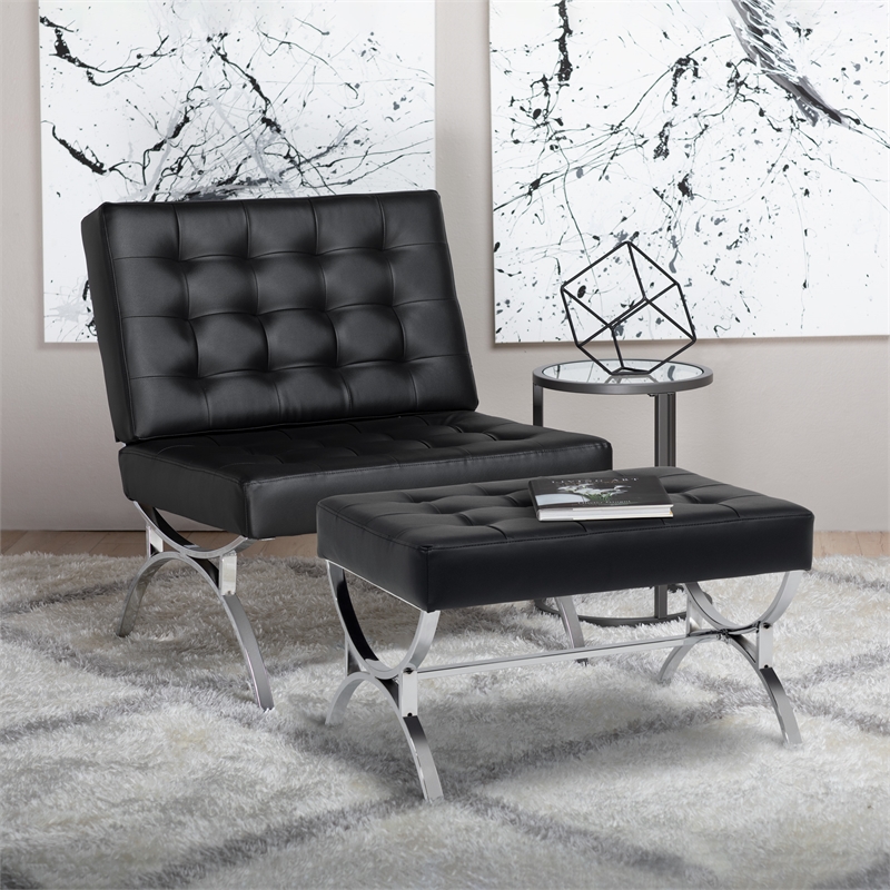 Studio Designs Home Newel Ottoman Blended Leather / Chrome Metal Frame / Black