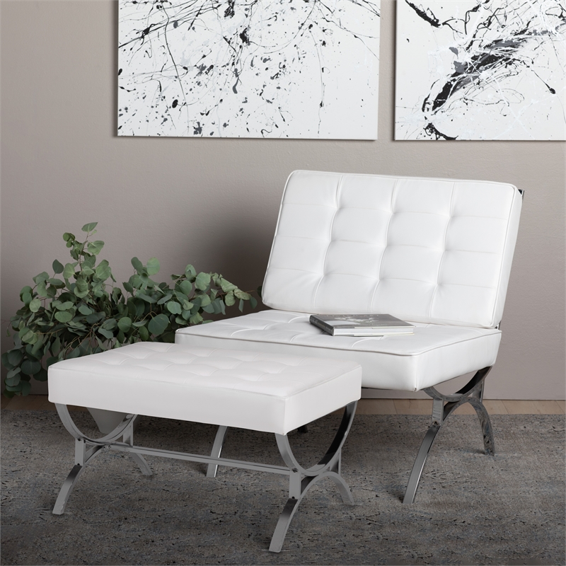 Studio Designs Home Newel Ottoman Blended Leather / Chrome Metal Frame / White