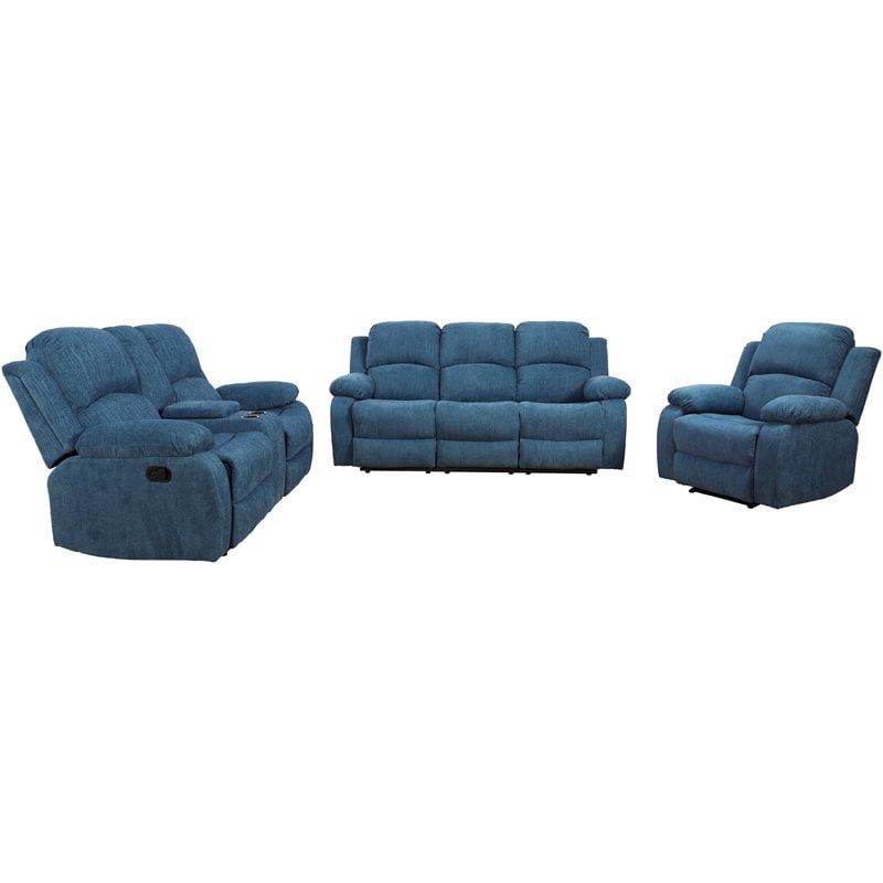 Lifestyle Furniture Nikki 3-Pieces Microfiber Recliner Sofa Set in Blue
