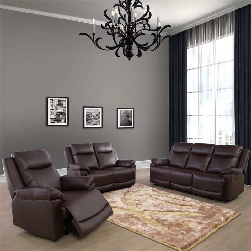 Lifestyle Furniture Raymond 3-Pieces Faux Leather Recliner Sofa Set in Espresso