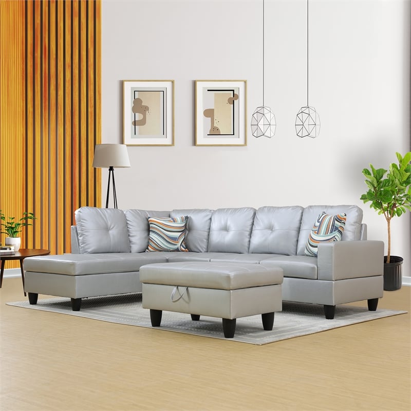 Lifestyle Furniture Lemonda Left-Facing Sectional & Ottoman in Silver/White