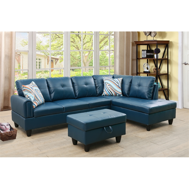 Star Home Living 3PC Faux Leather Sectional w/ottoman (Denim)