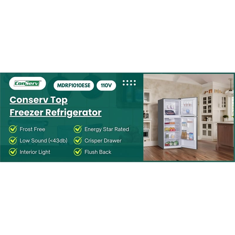 Conserv 10cf Top Freezer Refrigerator 24in Frost Free E-Star Quiet 43dB 110V SS