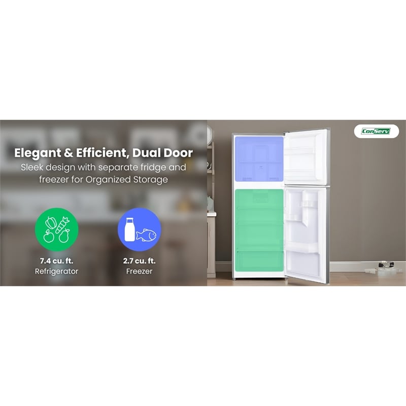 Conserv 10cf Top Freezer Refrigerator 24in Frost Free E-Star Quiet 43dB 110V SS