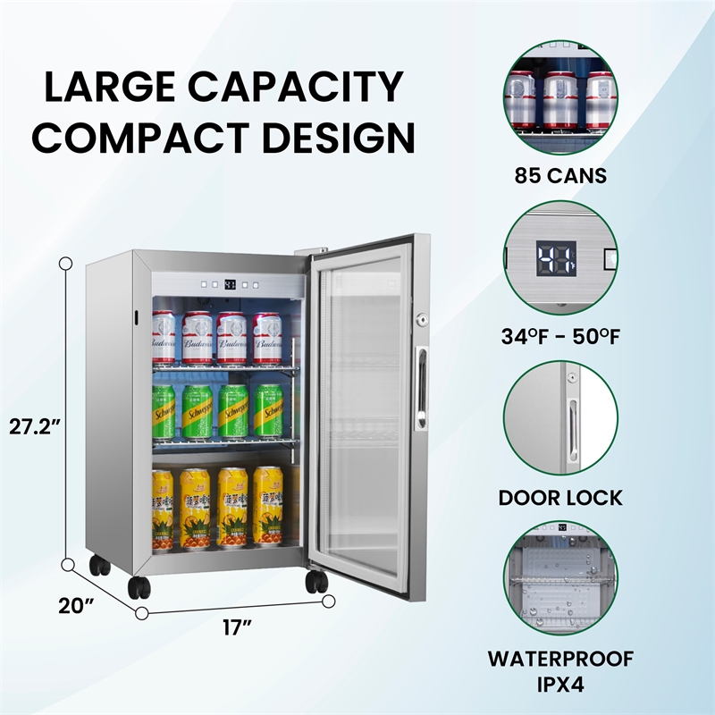 Equator 2.3cf Outdoor/Indoor Refrigerator IPX4 SS Builtin/FS 85 Cans Quiet 42dB