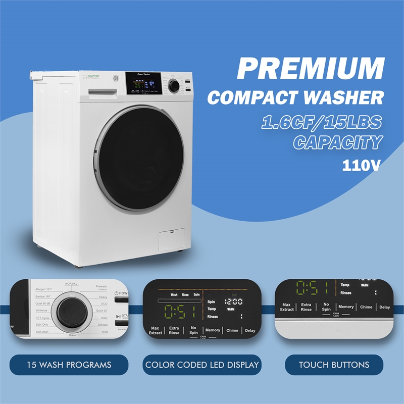 Equator 1.6 cu.ft./15 lbs White 110V Front load Washer 15 programs + Pet Cycle