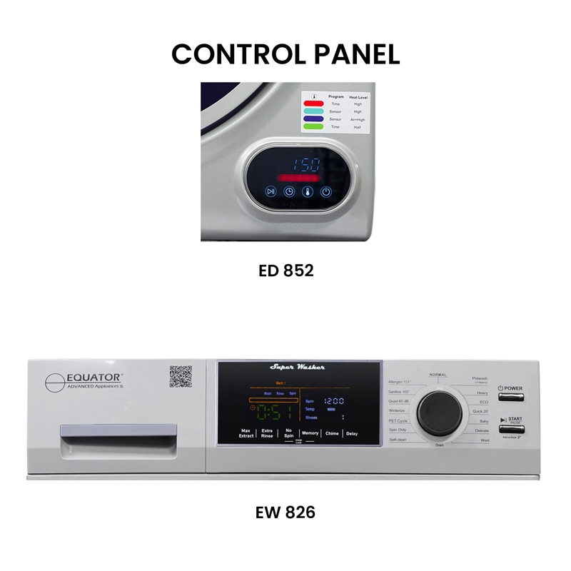 Equator 110V 1.6 cf Washer & 110V 3.5cf Vented Digital Sensor Dryer in Silver