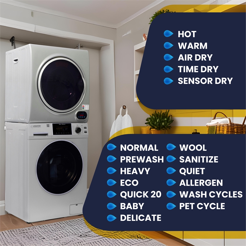 Equator 110V 1.6 cf Washer & 110V 3.5cf Vented Digital Sensor Dryer in Silver