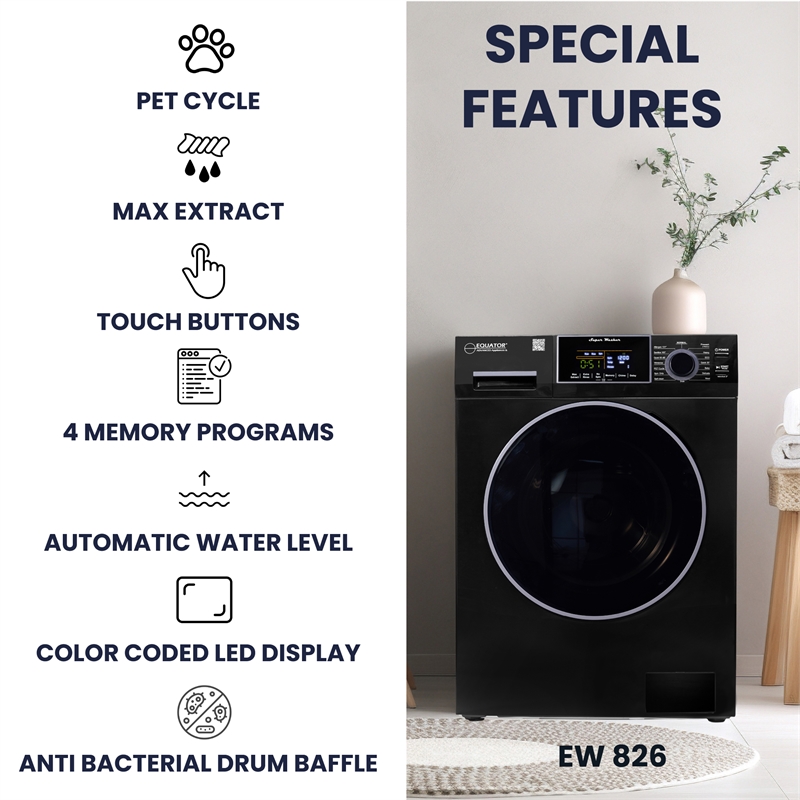 Equator 110V 1.6 cf Washer & 110V 3.5cf Vented Digital Sensor Dryer in Black