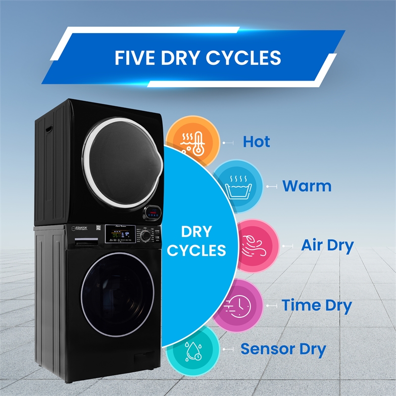 Equator 110V 1.6 cf Washer & 110V 3.5cf Vented Digital Sensor Dryer in Black