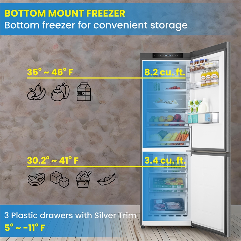 Bottom Mount Refrigerator-Freezer w/ICE MAKER Frost Free Reversible 110V - EStar
