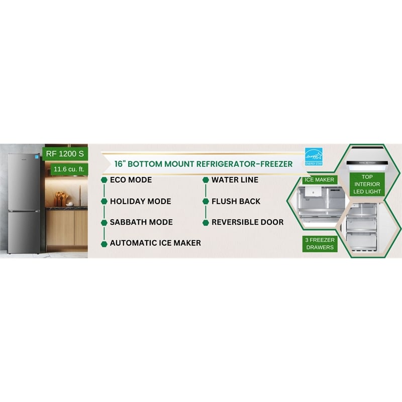 Bottom Mount Refrigerator-Freezer w/ICE MAKER Frost Free Reversible 110V - EStar