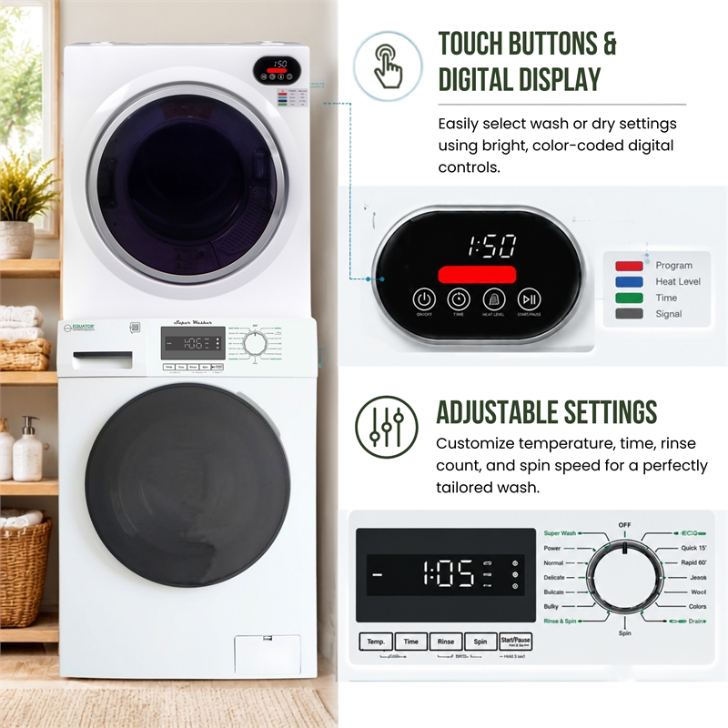 Equator Compact Stackable Laundry Washer EW 822 1.57cf + Dryer ED 848 2.6cf 110V