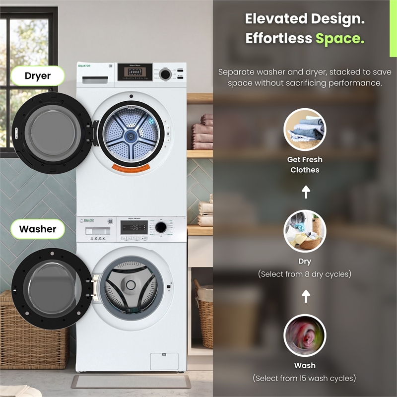 Equator COMPACT STACKABLE LAUNDRY Washer EW 822 1.57cf + Dryer ED 866 3.1cf 110V