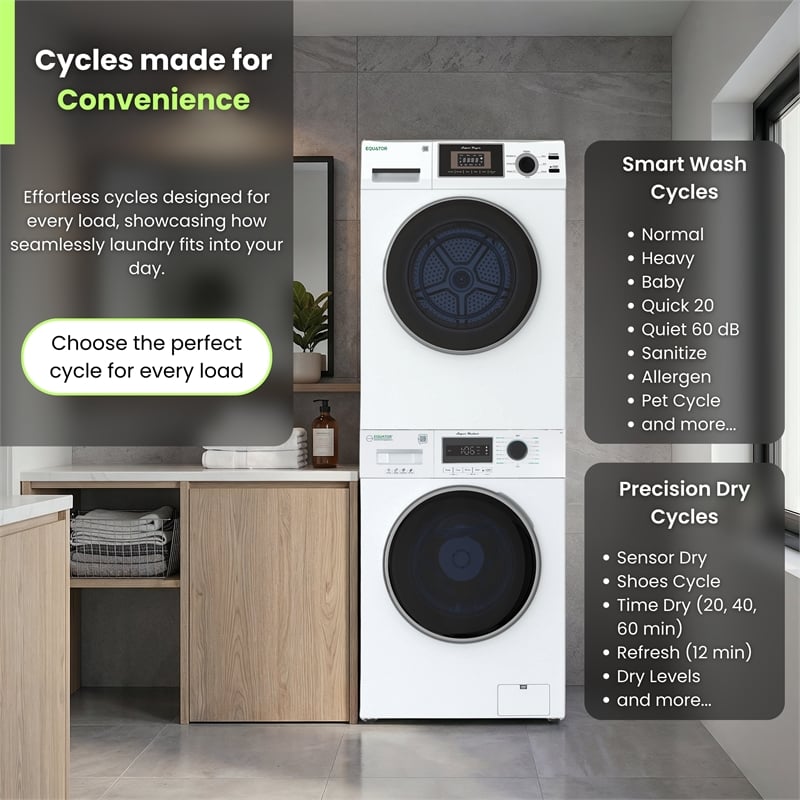 Equator COMPACT STACKABLE LAUNDRY Washer EW 822 1.57cf + Dryer ED 866 3.1cf 110V