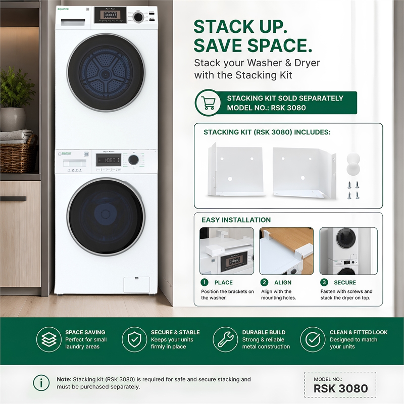 Equator COMPACT STACKABLE LAUNDRY Washer EW 822 1.57cf + Dryer ED 866 3.1cf 110V
