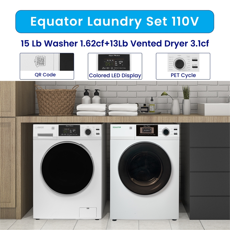 Equator Laundry 110V 15 Lb EW826 Washer 1.62cf+13Lb ED866 DL Vented Dryer 3.1cf