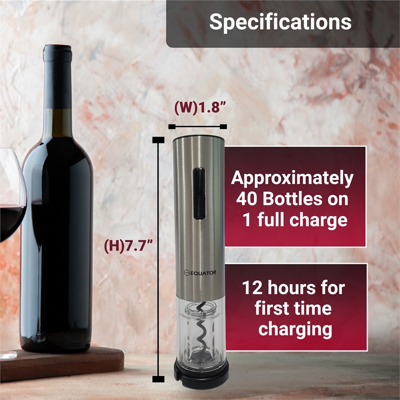 Equator Wine Bottle Opener Cordless Rechargeable with DC Adapter Stainless