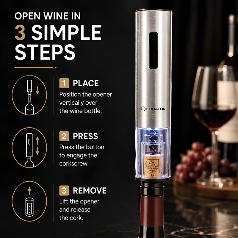 Equator Electric Cordless Wine Opener w/ Base LED Light & Foil Cutter