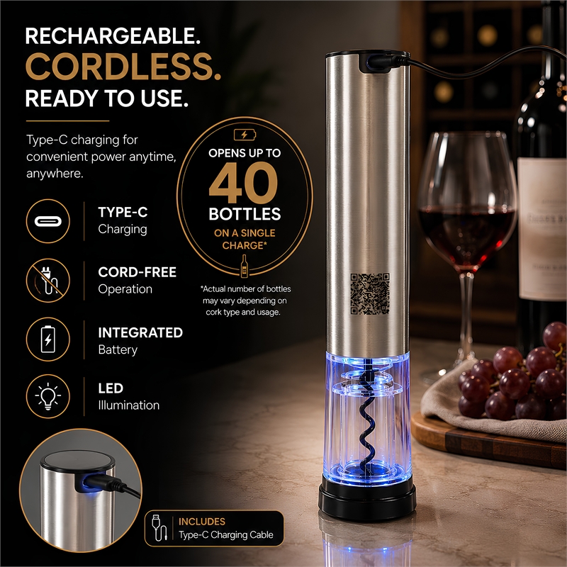 Equator Electric Cordless Wine Opener w/ Base LED Light & Foil Cutter