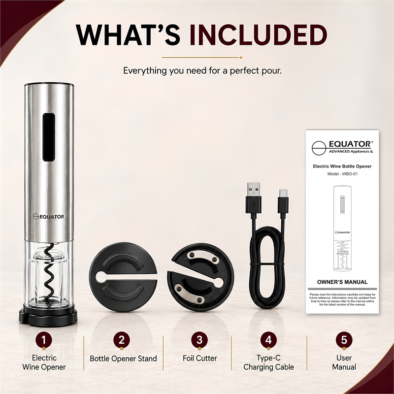 Equator Electric Cordless Wine Opener w/ Base LED Light & Foil Cutter