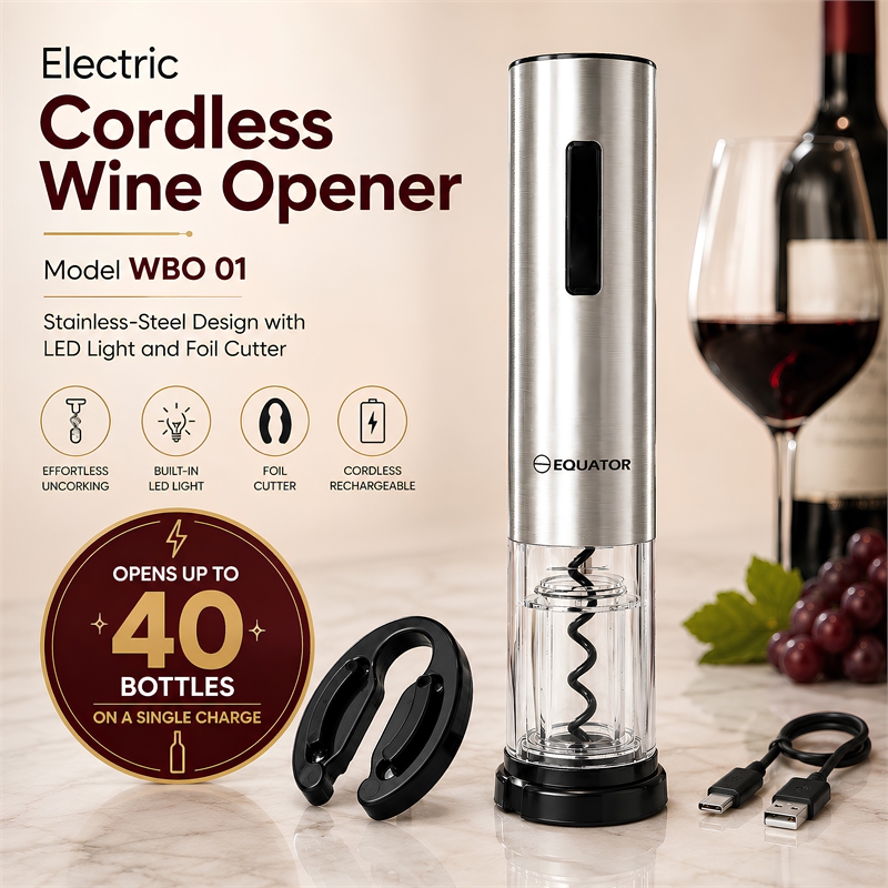 Equator Electric Cordless Wine Opener w/ Base LED Light & Foil Cutter